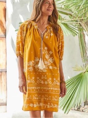 Karen Kane Mustard Yellow Tassel Dress M Boho Cotton Puff Sleeve